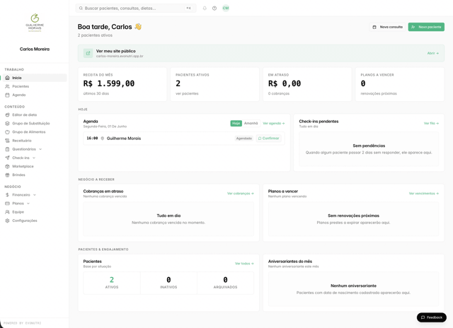 Painel da nutricionista — início com receita, pacientes, agenda e check-ins