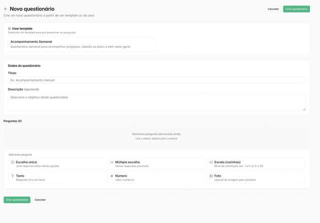 Questionários — Monte check-ins com vários tipos de pergunta.